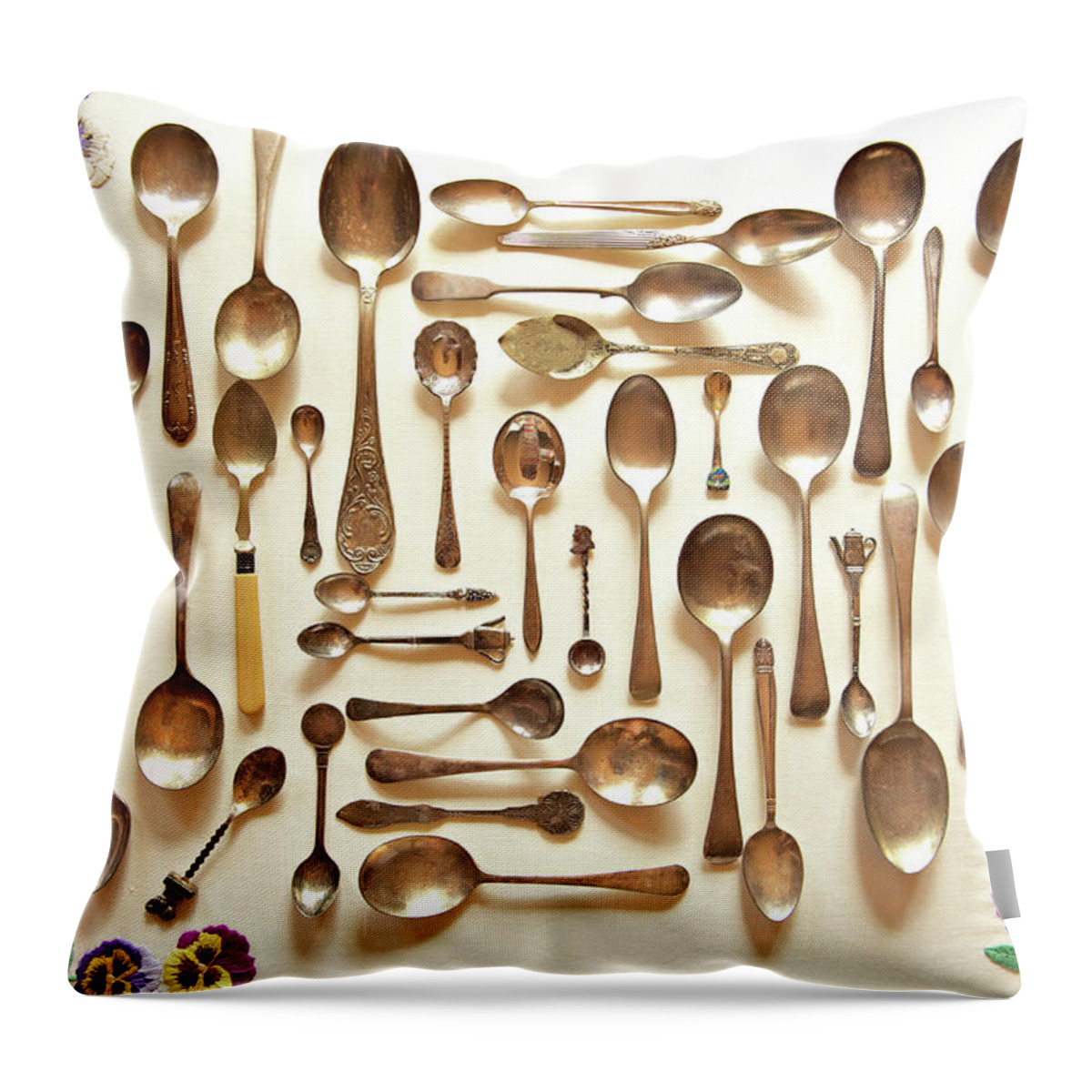 Spoon Throw Pillow featuring the photograph Assorted Vintage Spoons by Sharon Lapkin