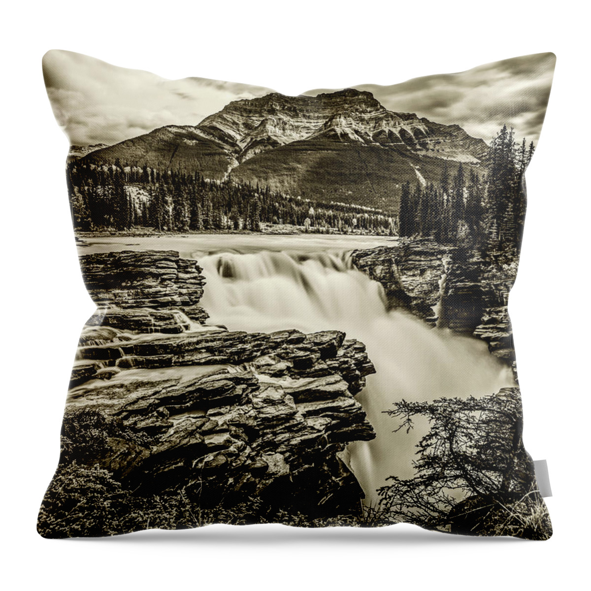 Jasper Throw Pillow featuring the photograph Athabasca Falls Jasper National Park Alberta Canada Banff Sepia by Toby McGuire