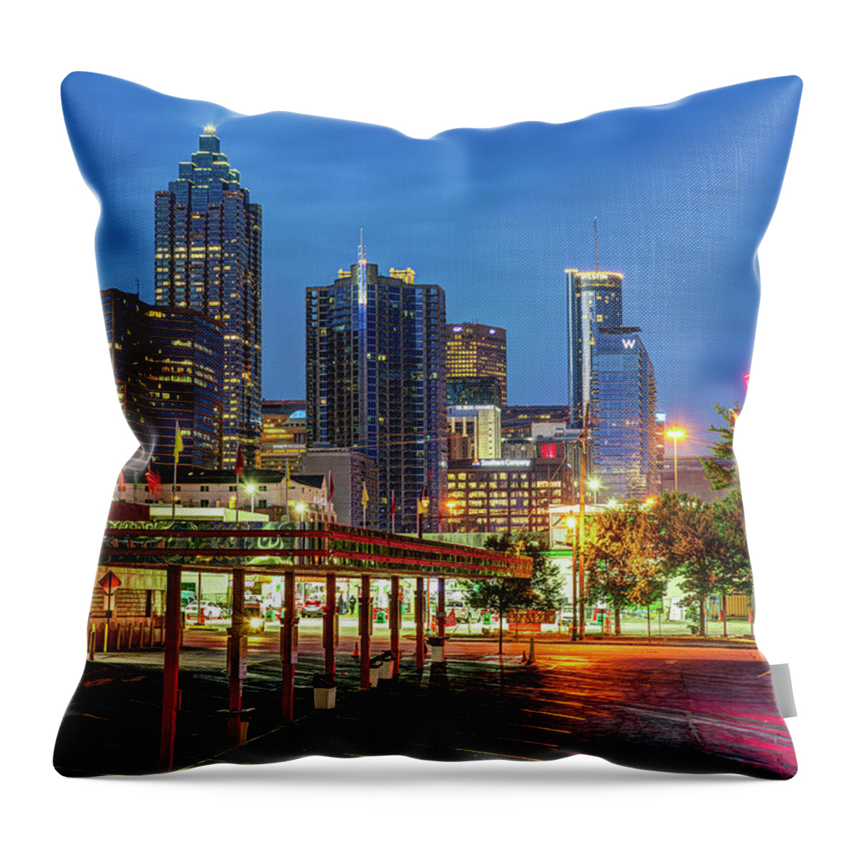 Atlanta Skyline Throw Pillow featuring the photograph Atlanta Skyline Over the Varsity at Dusk by Gregory Ballos