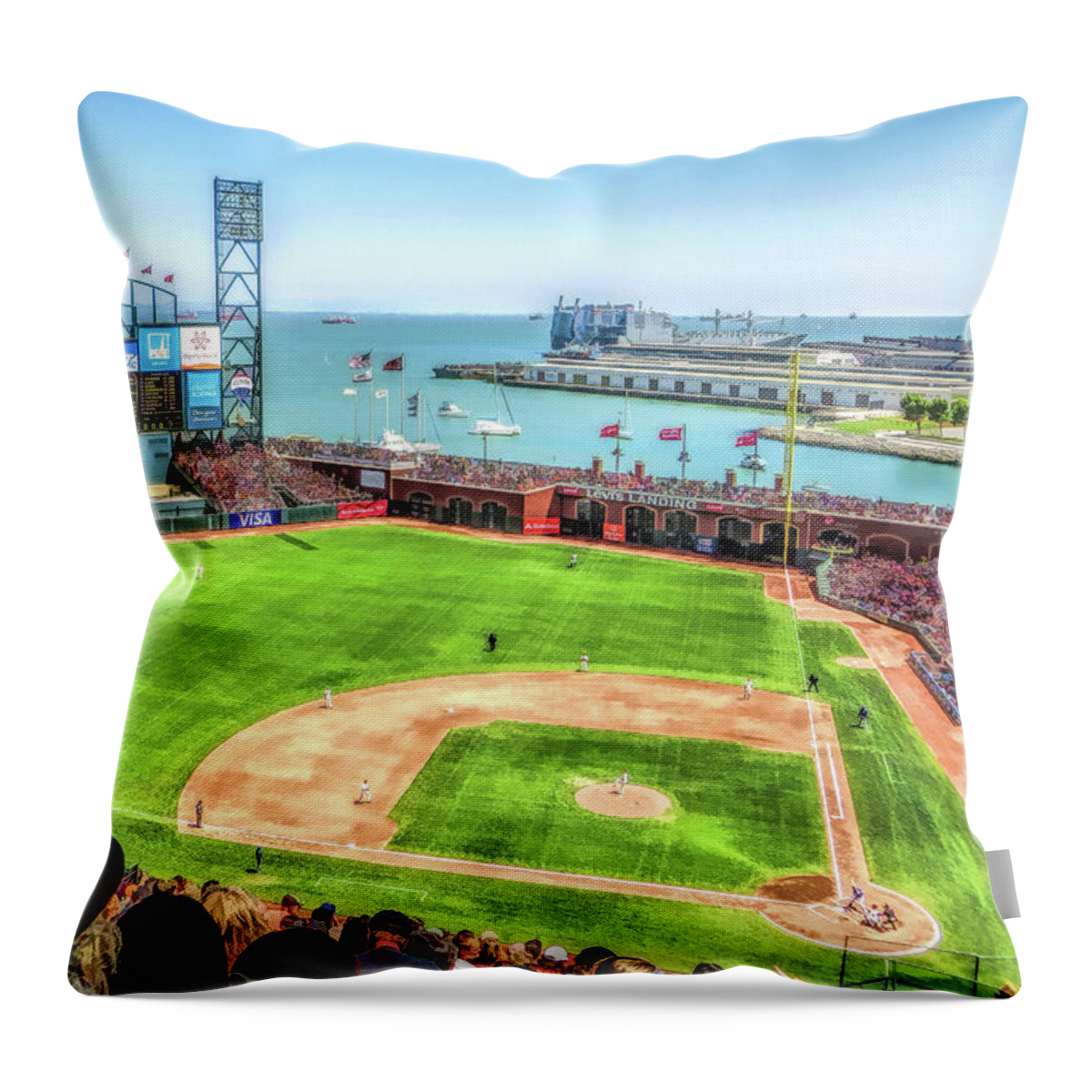 At&t Park Throw Pillow featuring the painting ATT Park San Francisco Giants Baseball Ballpark Stadium by Christopher Arndt