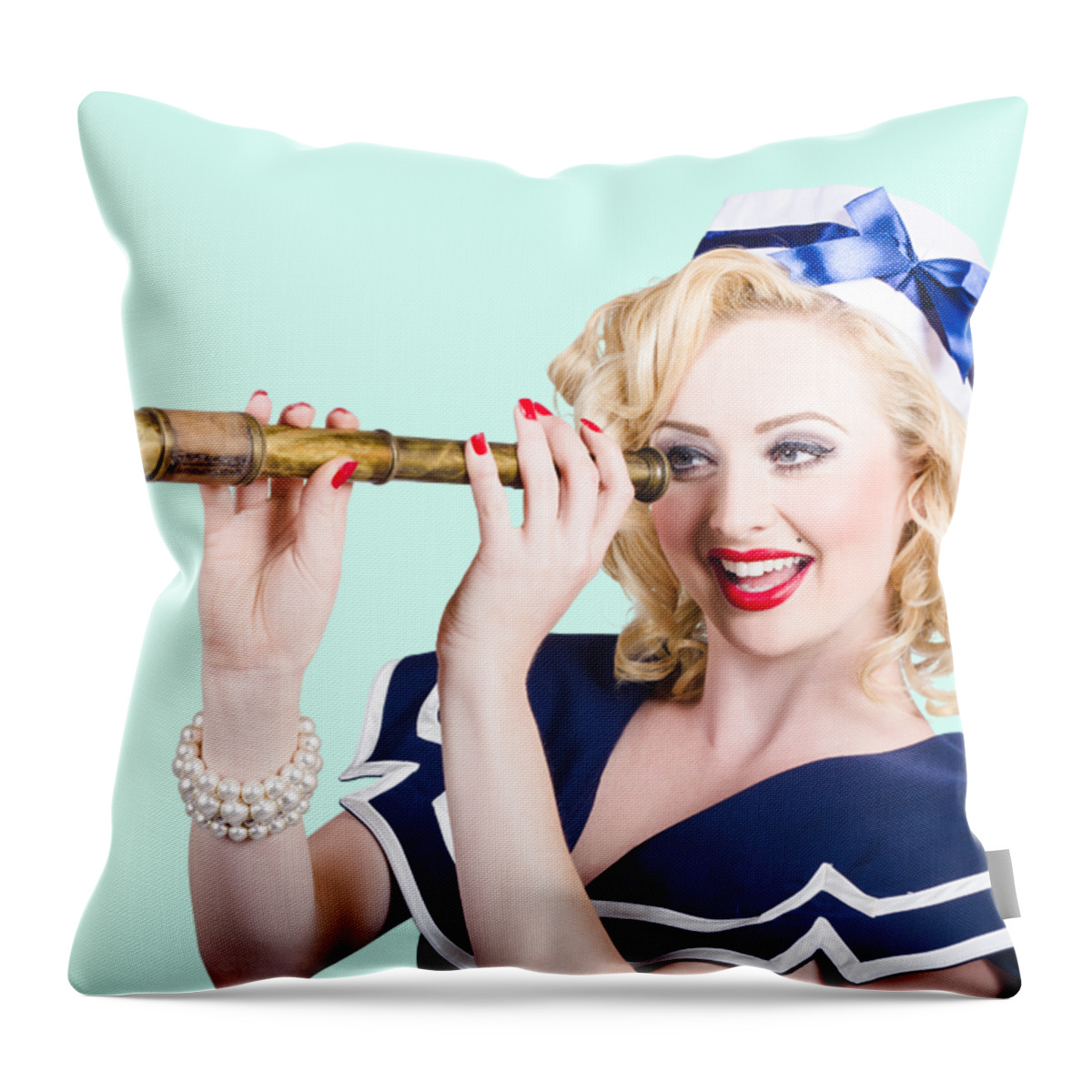Woman Throw Pillow featuring the photograph Attractive pinup sailor girl with a monocular by Jorgo Photography