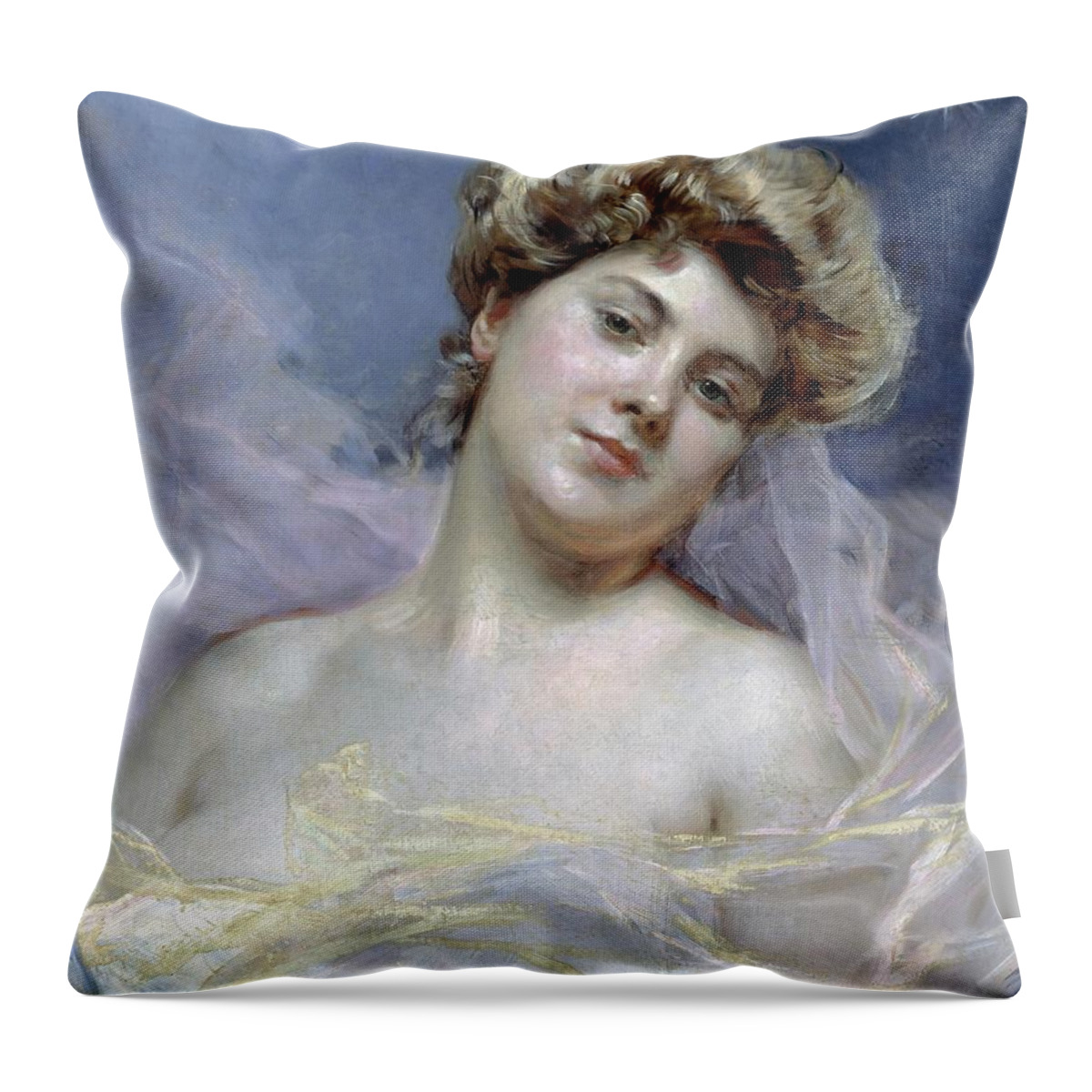 Aurora (mythology) Throw Pillow featuring the painting 'Aurora', Oil on canvas, 65,4 x 54,8 cm. RAIMUNDO DE MADRAZO . by Raimundo de Madrazo y Garreta -1841-1920-