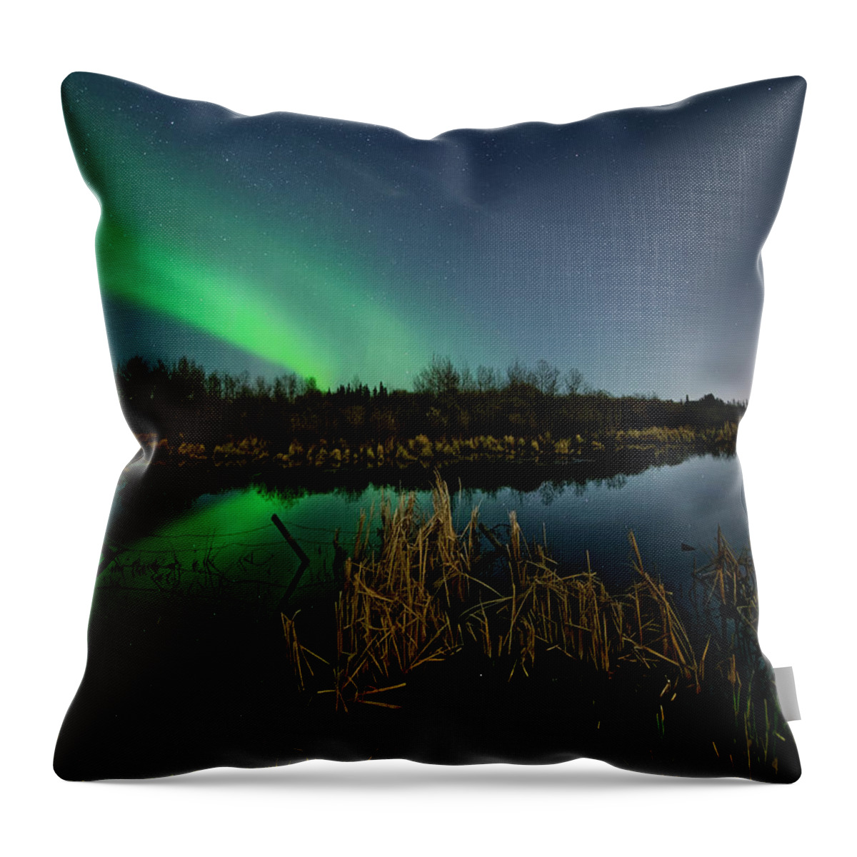 Aurora Throw Pillow featuring the photograph Aurora over pond by Dan Jurak