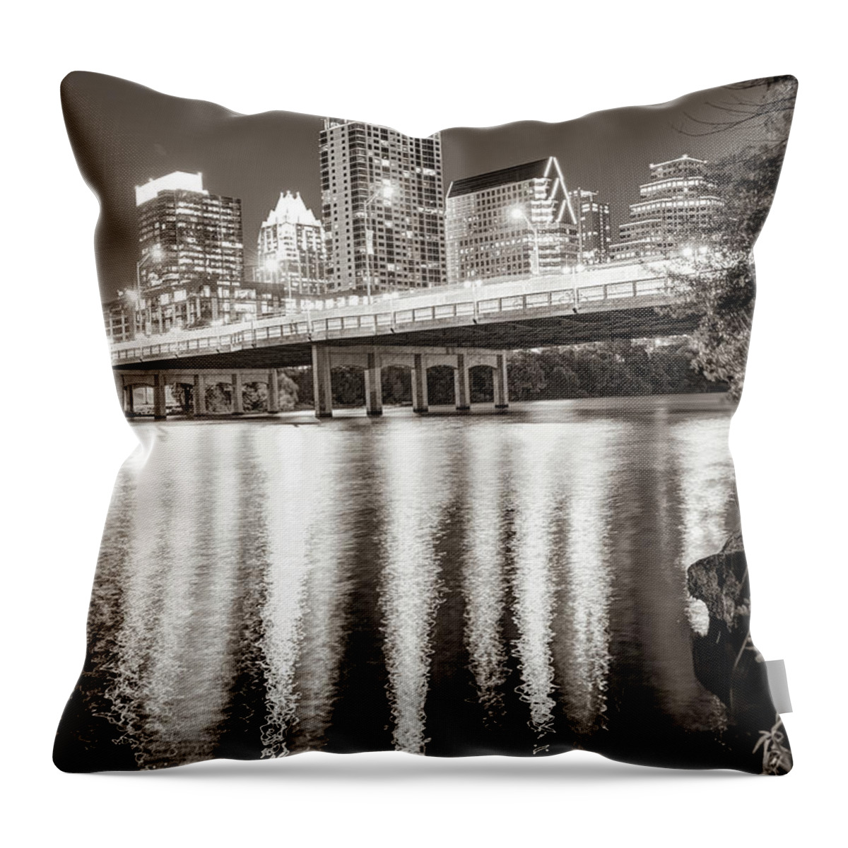 America Throw Pillow featuring the photograph Austin Skyline Over Lady Bird Lake Reflections - Sepia Edition by Gregory Ballos