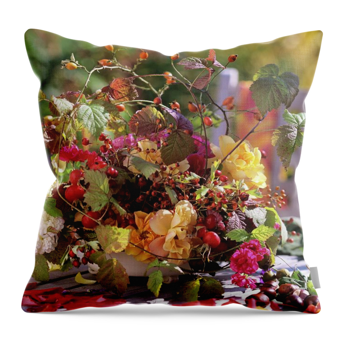 Ip_00272284 Throw Pillow featuring the photograph Autumn Arrangement: Bowl With Florist's Foam, Roses, Rose Hips by Friedrich Strauss