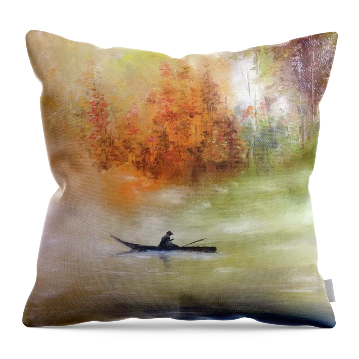 Autumn Throw Pillow featuring the painting Autumn dawning, Autumn colours, Fisherman on an autumn lake by Lizzy Forrester