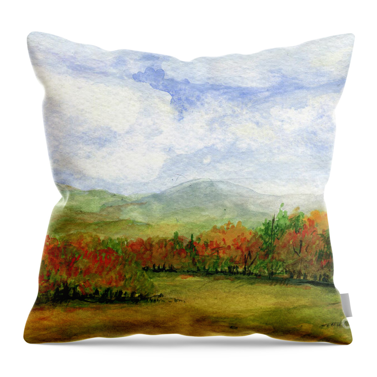 Autumn Throw Pillow featuring the painting Autumn Day Watercolor Vermont Landscape by Laurie Rohner