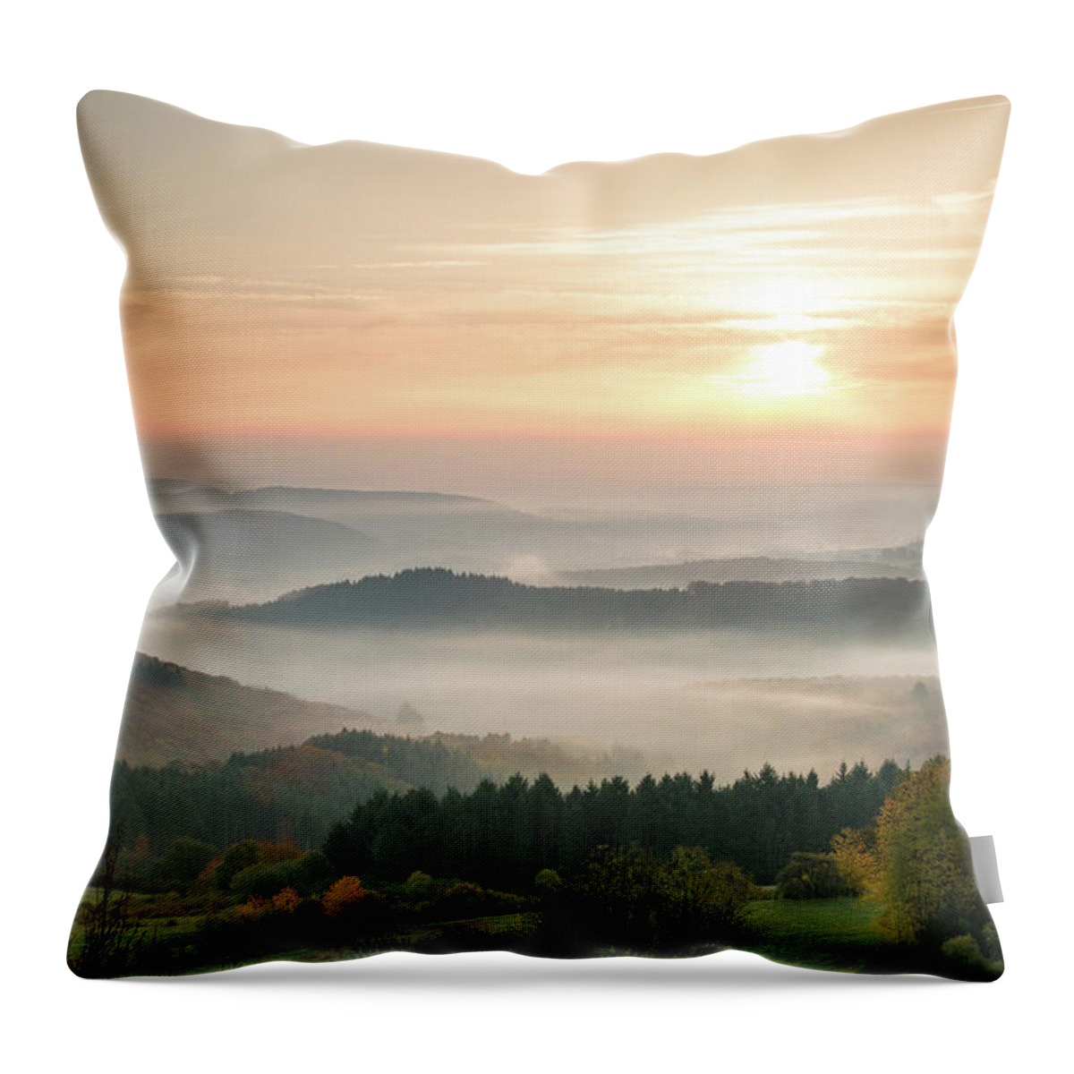 Scenics Throw Pillow featuring the photograph Autumn Foggy Sunrise by Marcoschmidt.net