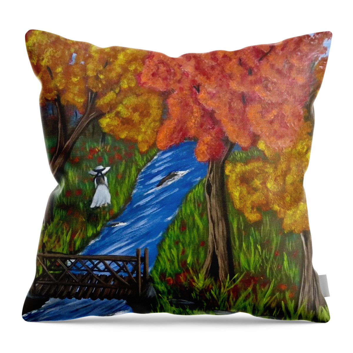 Landscape Throw Pillow featuring the painting Autumn Stroll by Teresa Wing