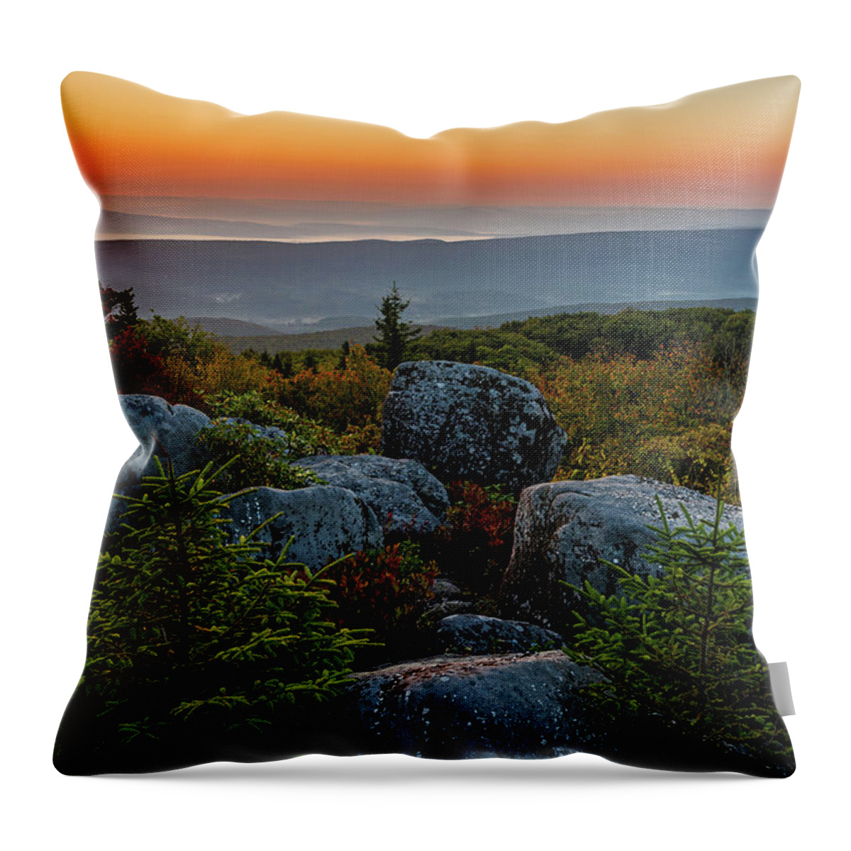 Bear Rocks Preserve Throw Pillow featuring the photograph Autumn Sunrise in Dolly Sods by Lori Coleman