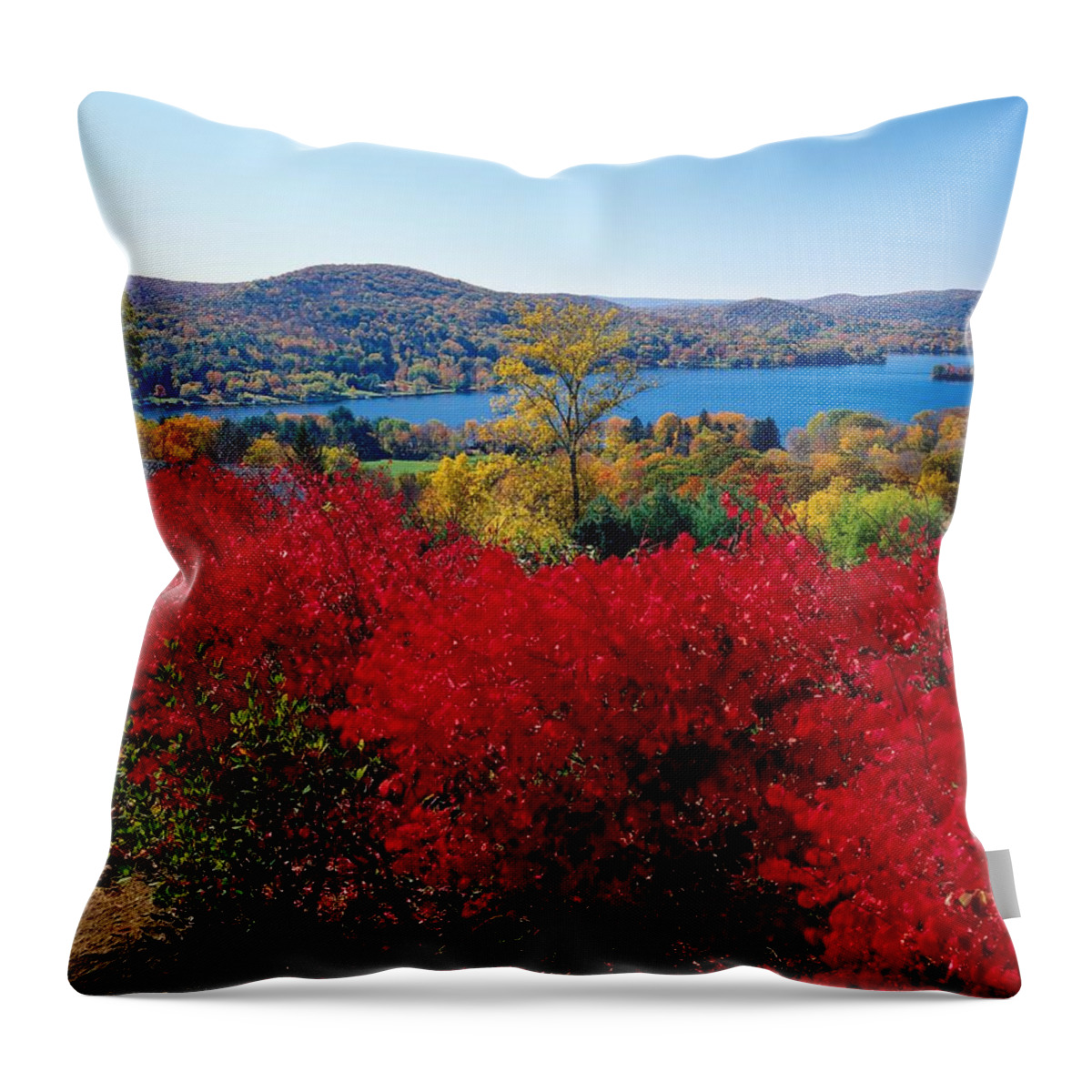 Estock Throw Pillow featuring the digital art Autumn Trees & Lake by Gunter Grafenhain