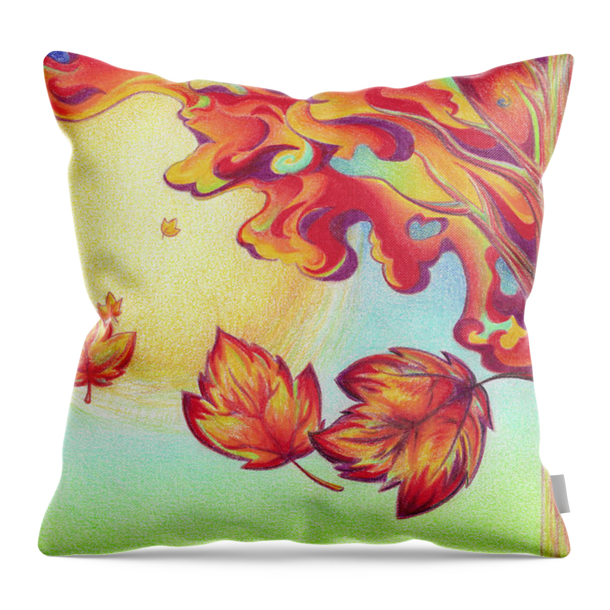 Autumn Throw Pillow featuring the drawing Autumn Wind and Leaves by Sipporah Art and Illustration