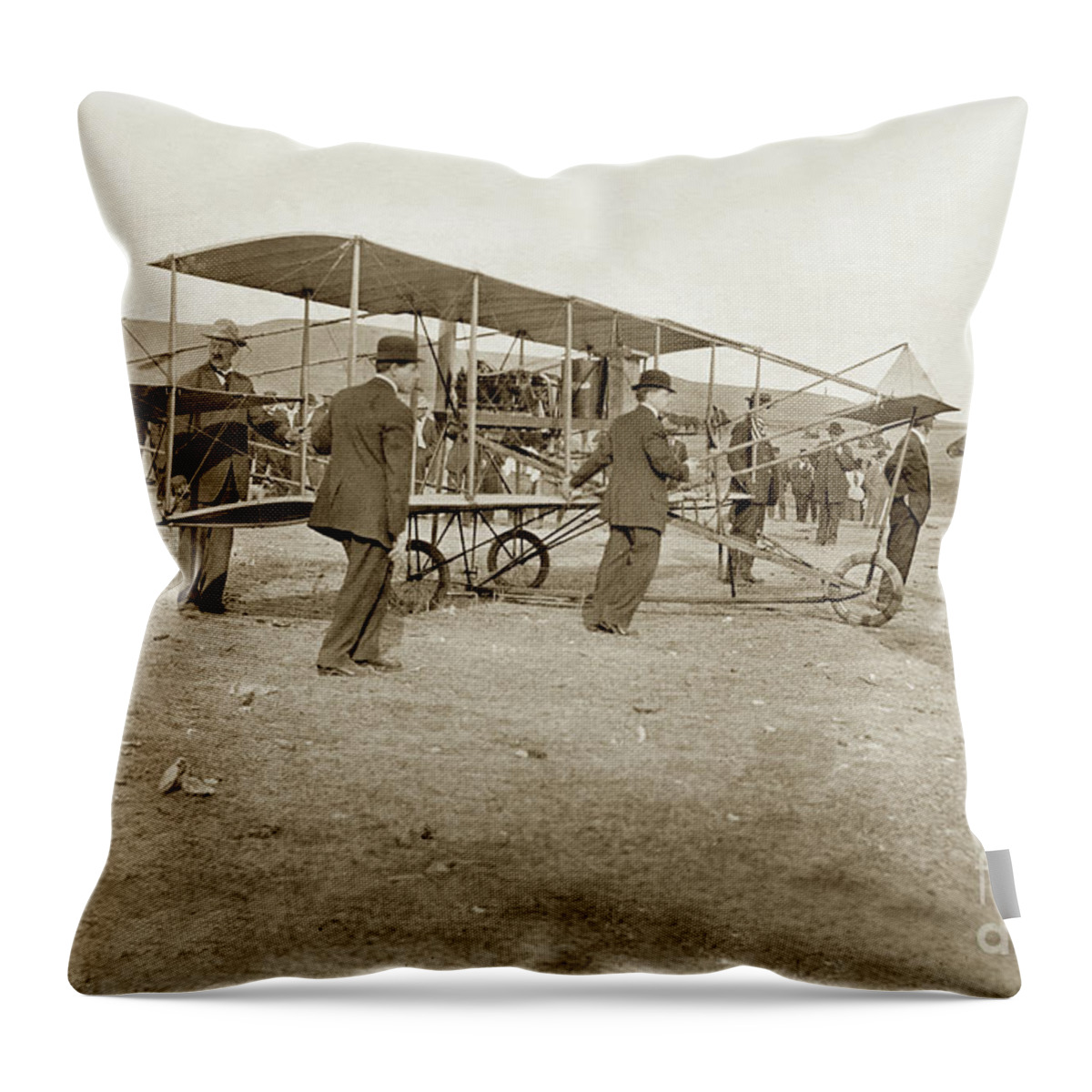  Early Throw Pillow featuring the photograph Aviation - early Bi-plane Curtis Rheims flyer / pusher at Monterey air show March 1910 CV # 79-111-0 by Monterey County Historical Society