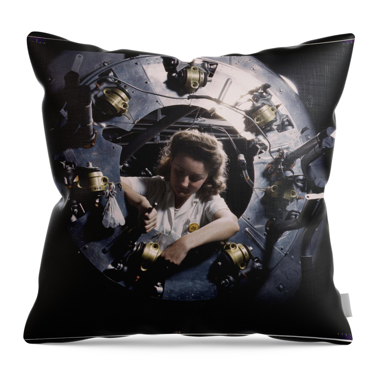 Woman Throw Pillow featuring the painting B-25 bomber Motor Cowling by Palmer, Alfred T