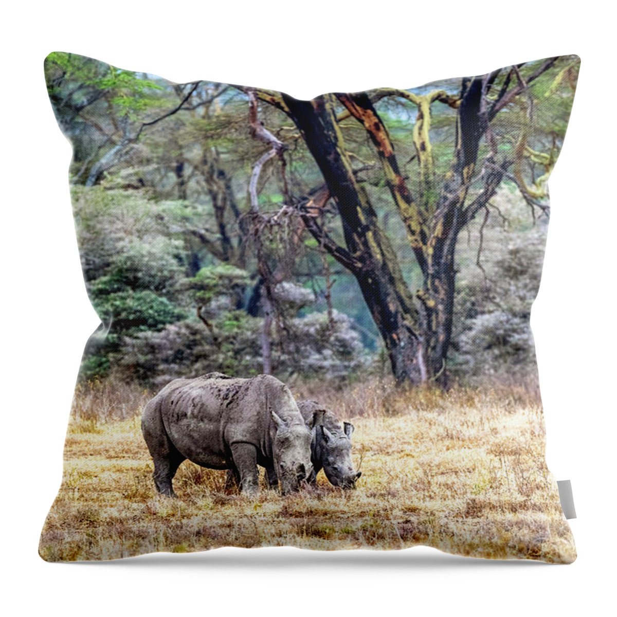 Rhinocerotidae Throw Pillow featuring the photograph Baby and Parent White Rhino in Lake Nakuru by Good Focused