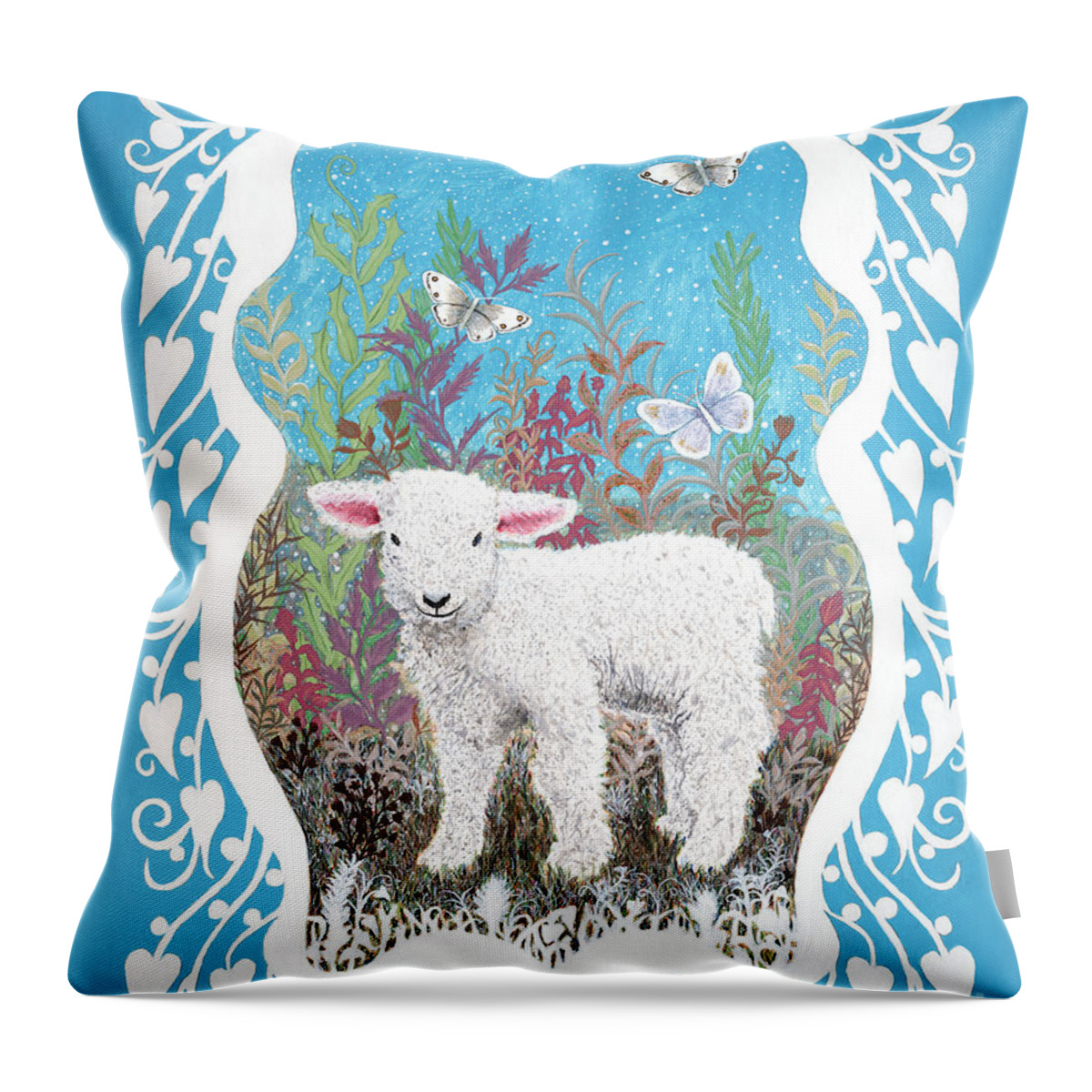 Lise Winne Throw Pillow featuring the painting Baby Lamb with White Butterflies by Lise Winne