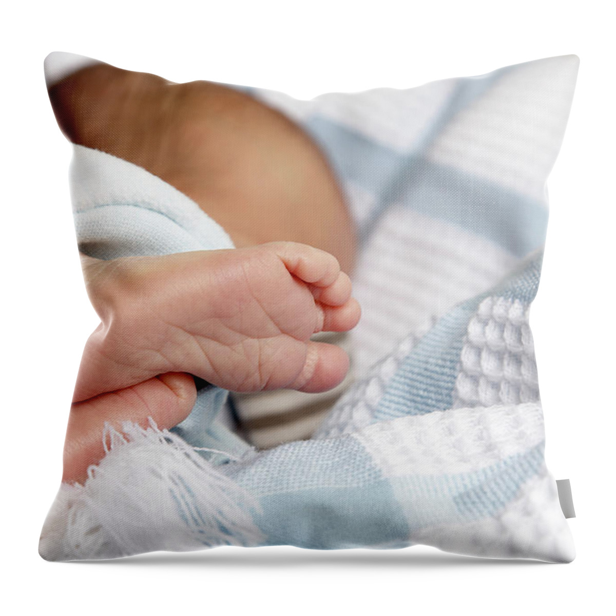 Caucasian Ethnicity Throw Pillow featuring the photograph Babys Feet And Toes Showing Heel Prick by Tirc83