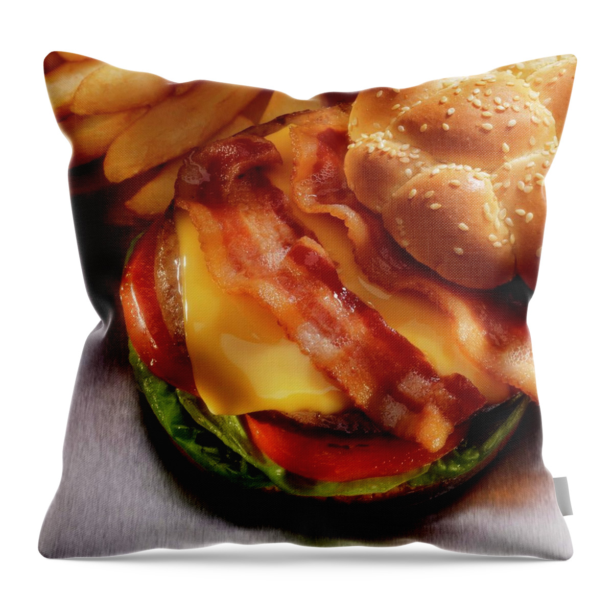 Cheese Throw Pillow featuring the photograph Bacon Cheeseburger With French Fries by Jupiterimages