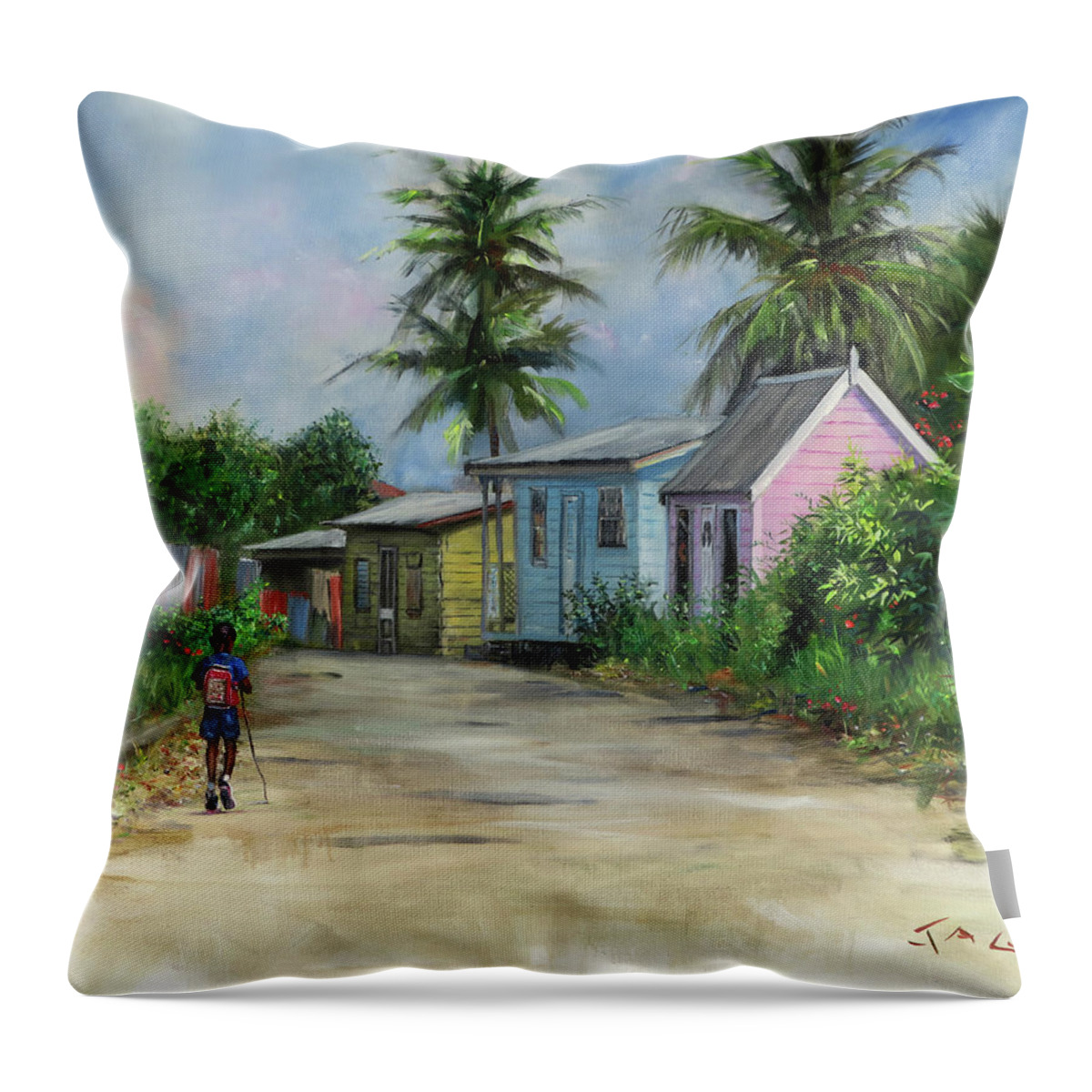 Caribbean Art Throw Pillow featuring the painting Bajan Road by Jonathan Gladding
