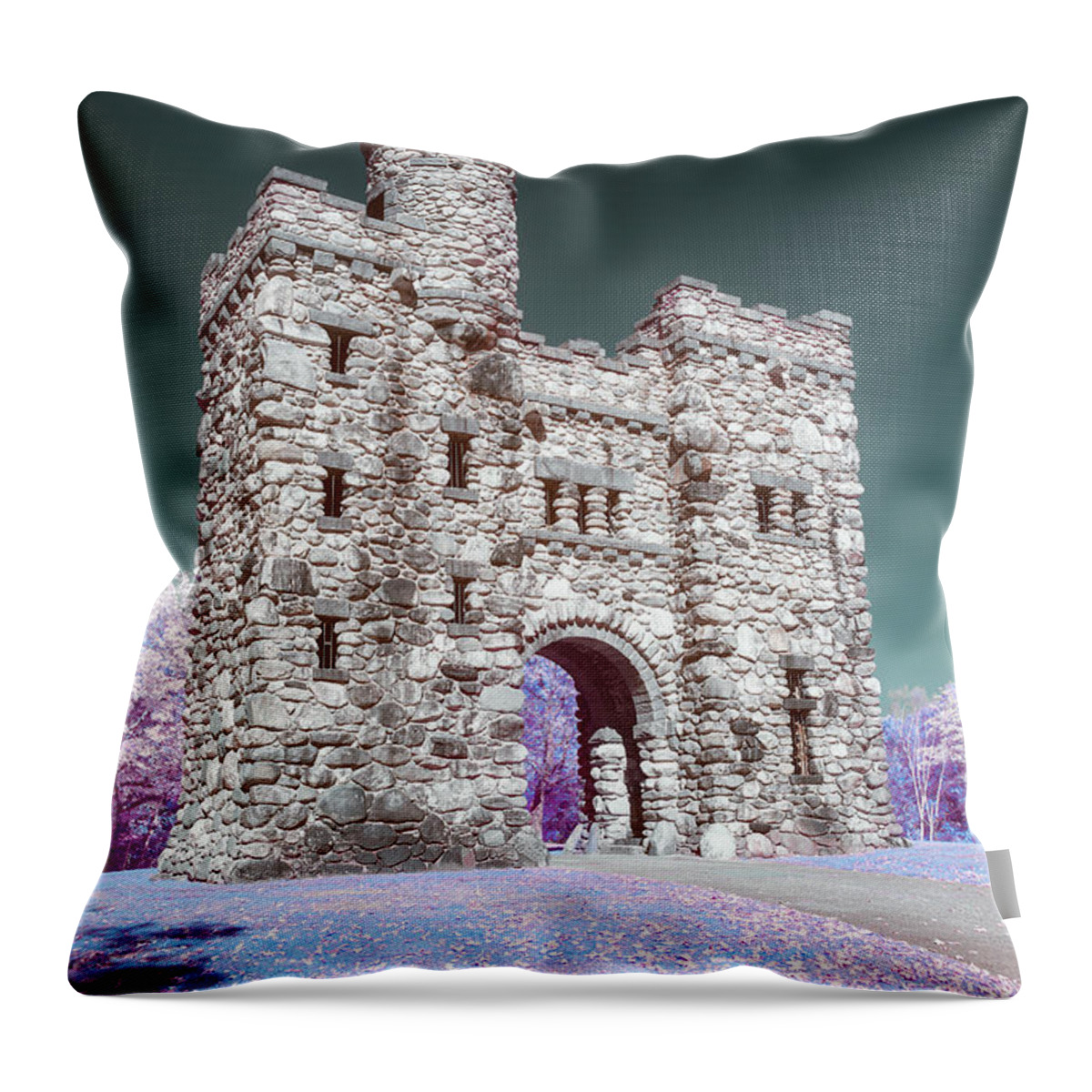 Bancroft Tower Worcester Ma Mass Massachusetts Newengland New England Usa U.s.a. 590nm Ir Infrared Castle Stone Brick Sun Sky Purple Brian Hale Brianhalephoto Throw Pillow featuring the photograph Bancroft Tower IR 2 by Brian Hale