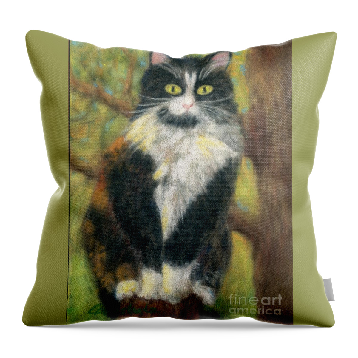 Cat Throw Pillow featuring the pastel Bandit on the look-out by Christine Amstutz