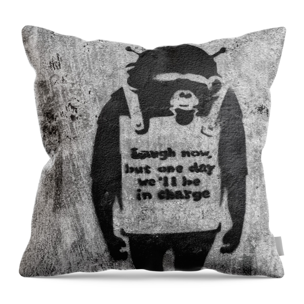 Banksy Throw Pillow featuring the photograph Banksy Chimp Laugh Now Graffiti by Gigi Ebert