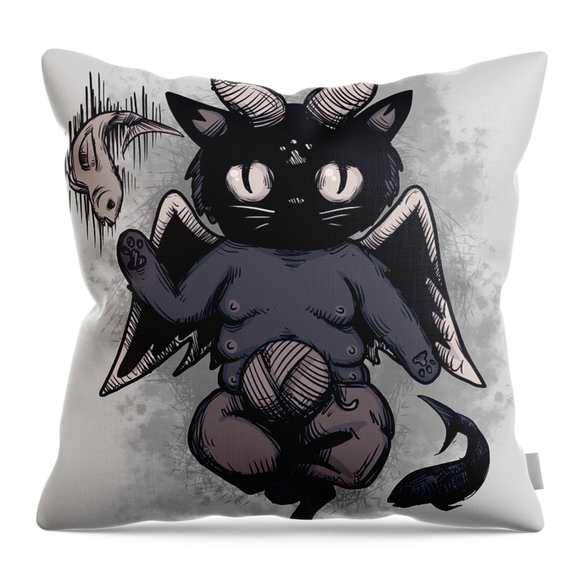 Baphomet Throw Pillow featuring the drawing Bapho Cat by Ludwig Van Bacon