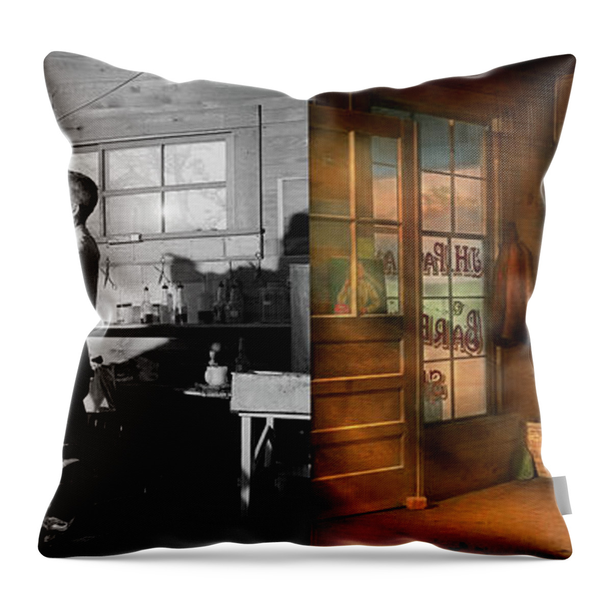 Barber Art Throw Pillow featuring the photograph Barber - JH Parham Barber and Notary Public 1941 - Side by Side by Mike Savad