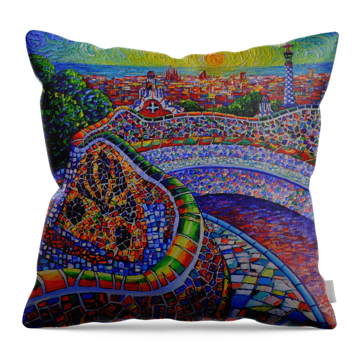 Barcelona Throw Pillow featuring the painting BARCELONA PARK GUELL SUNRISE modern impressionist impasto knife oil painting Ana Maria Edulescu by Ana Maria Edulescu