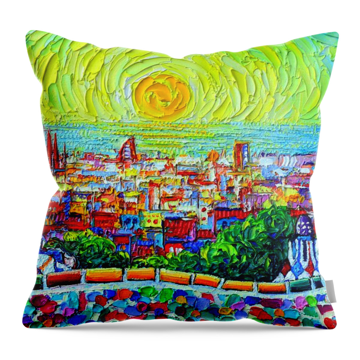 Barcelona Throw Pillow featuring the painting BARCELONA PARK GUELL SUNRISE textural impasto abstract city knife oil painting by Ana Maria Edulescu by Ana Maria Edulescu