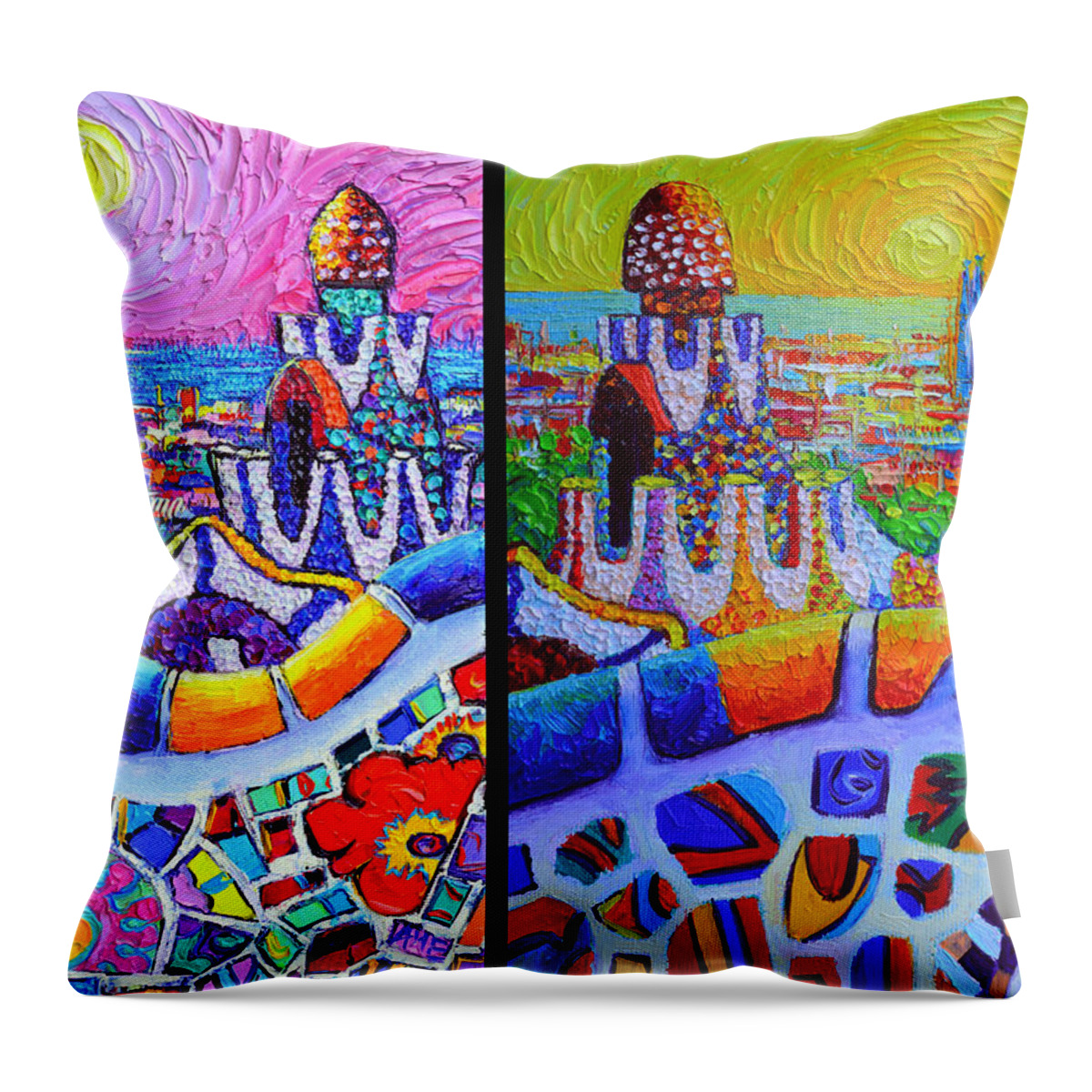 Barcelona Throw Pillow featuring the painting BARCELONA VIEW FROM PARK GUELL modern impressionist impasto abstract cityscapes Ana Maria Edulescu by Ana Maria Edulescu