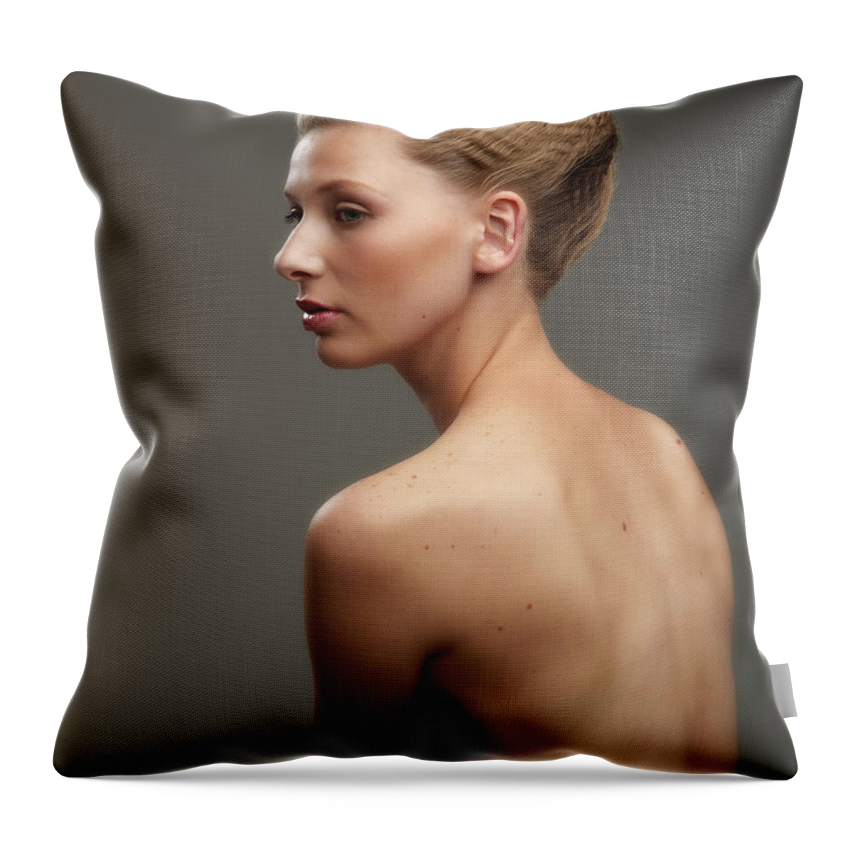 Tranquility Throw Pillow featuring the photograph Bare Back Girl With Hair Tied Up by Smith Collection