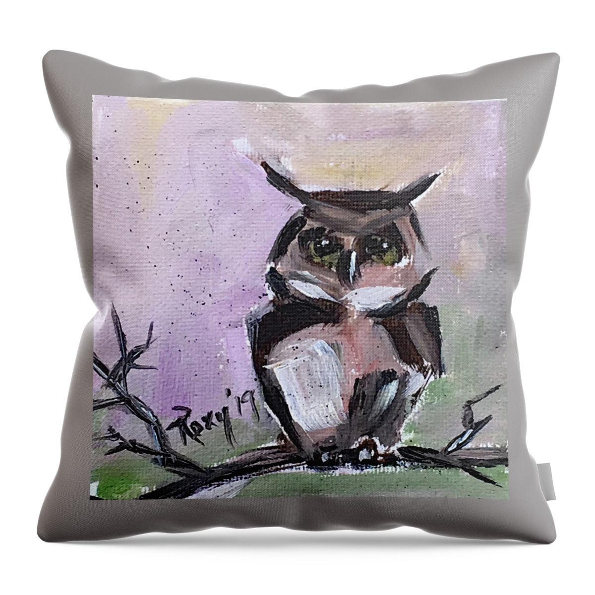 Owl Throw Pillow featuring the painting Barn Owl on a Branch by Roxy Rich