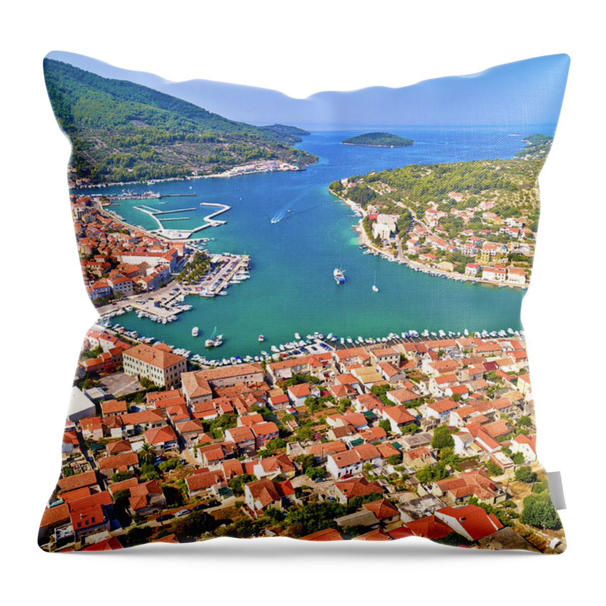 Vela Luka Throw Pillow featuring the photograph Bay of Vela Luka on Korcula island aerial view by Brch Photography