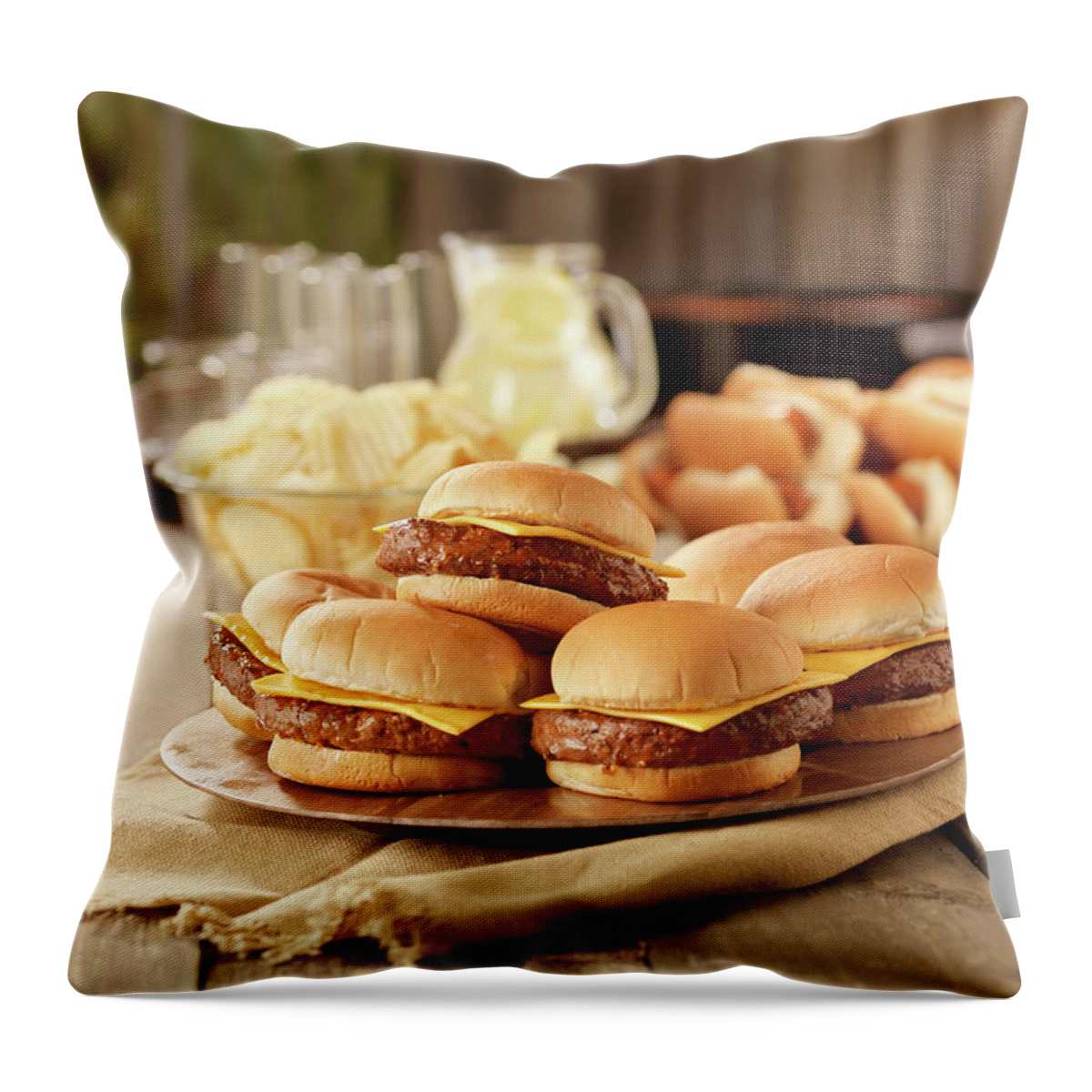 Cheese Throw Pillow featuring the photograph Bbq Cheese Burgers At A Picnic by Lauripatterson