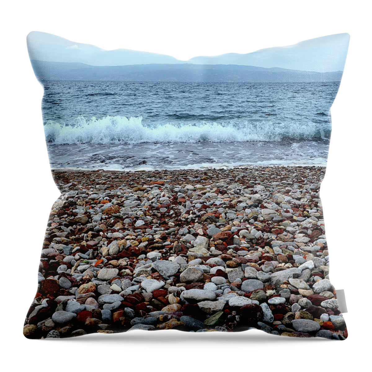 Water's Edge Throw Pillow featuring the photograph Beach Pebbles In Hydra Greece, Aegean by © Karolos Trivizas
