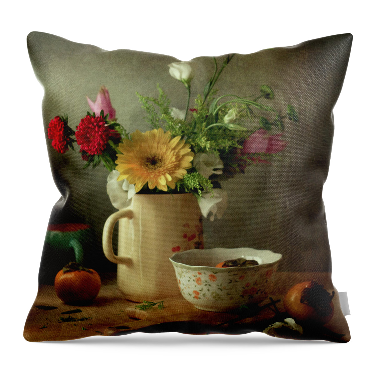 Vase Throw Pillow featuring the photograph Beautiful Flower Bouquet And Fruits by Copyright Anna Nemoy(xaomena)