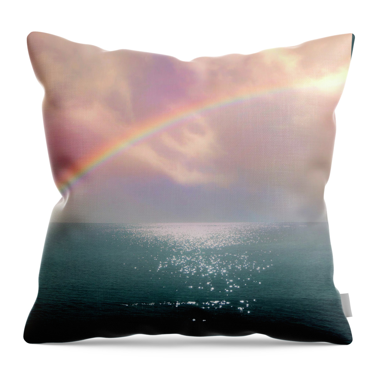 Sea Throw Pillow featuring the mixed media Beautiful Morning In Dreamland With Rainbow by Johanna Hurmerinta