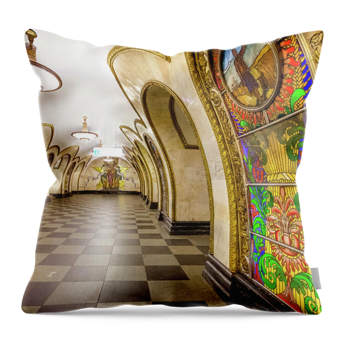 Arch Throw Pillow featuring the photograph Beautiful Moscow Metro Station by Mordolff