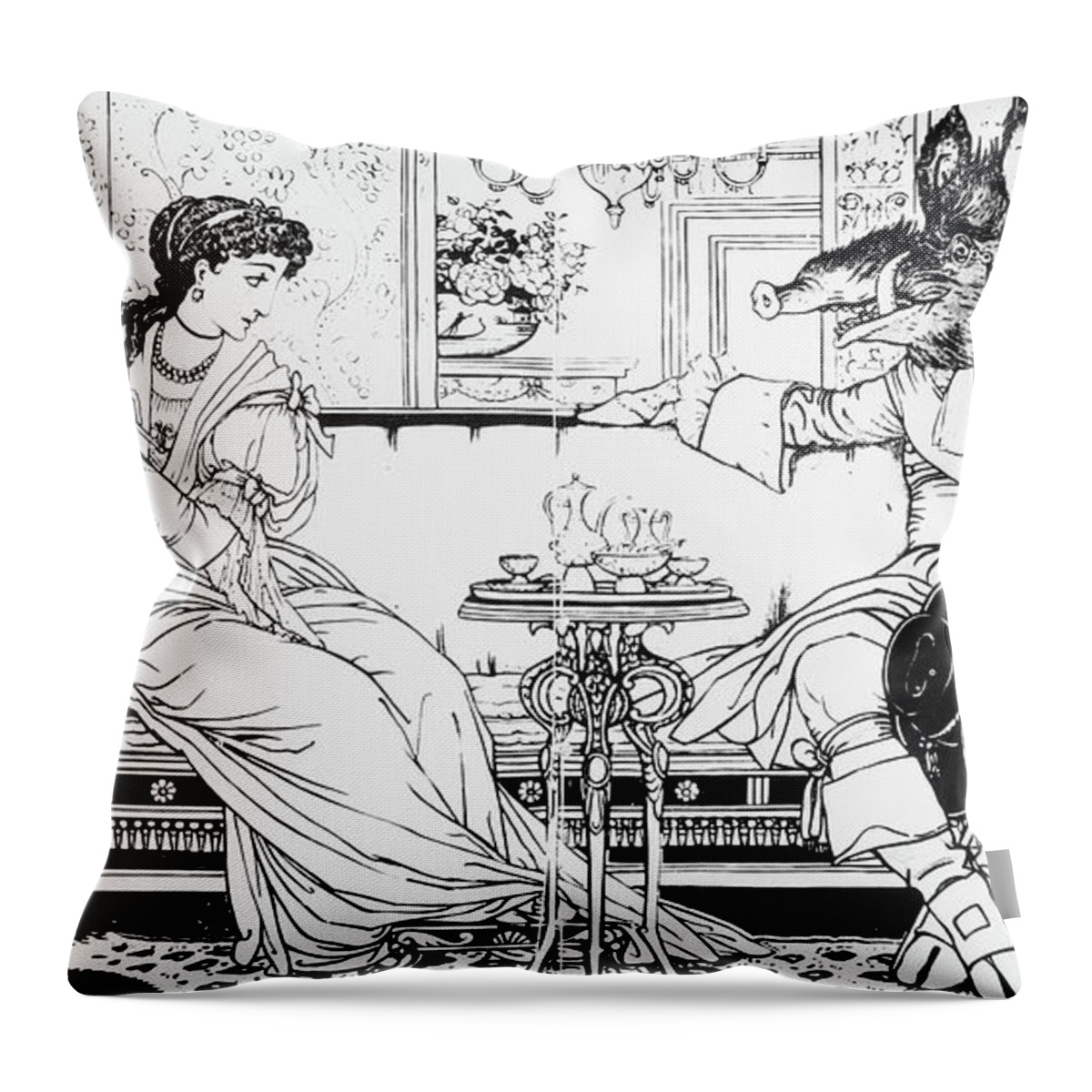 Beauty And The Beast Throw Pillow featuring the painting Beauty And The Beast, 1874 by Walter Crane