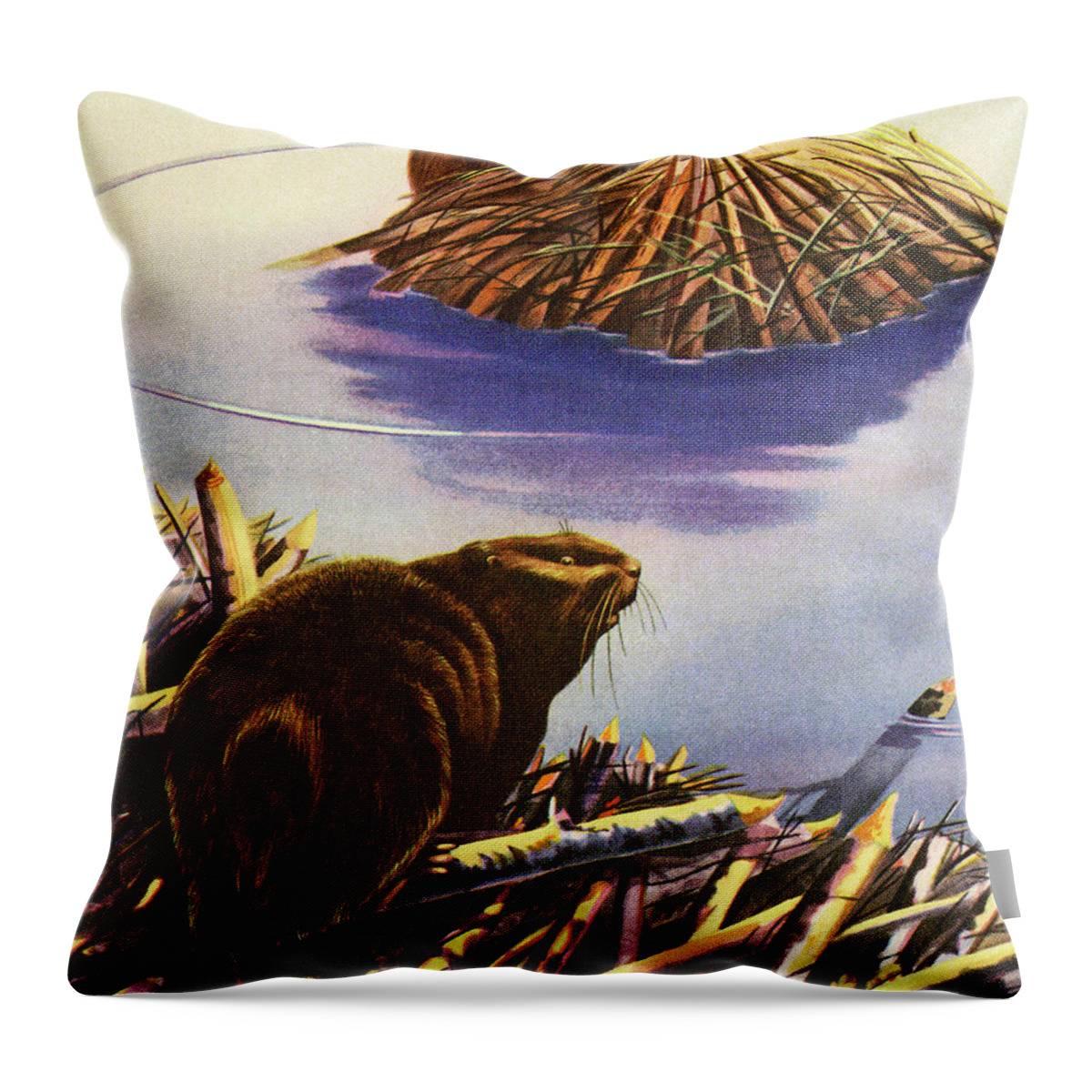 Animal Throw Pillow featuring the drawing Beaver Dam and Beavers by CSA Images
