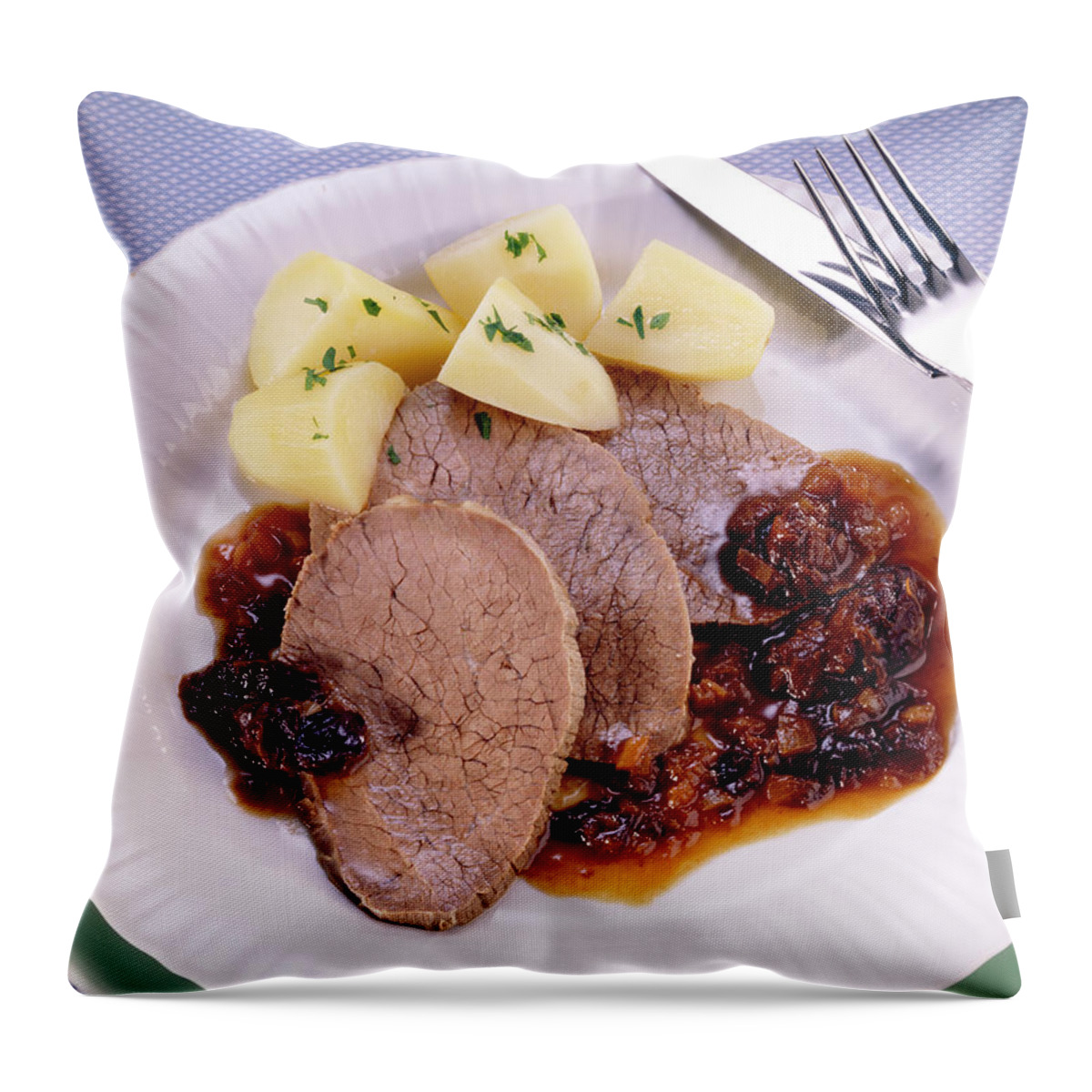Ip_10171604 Throw Pillow featuring the photograph Beef With Potatoes And Plum Sauce On Plate by Jalag / Uwe Bender