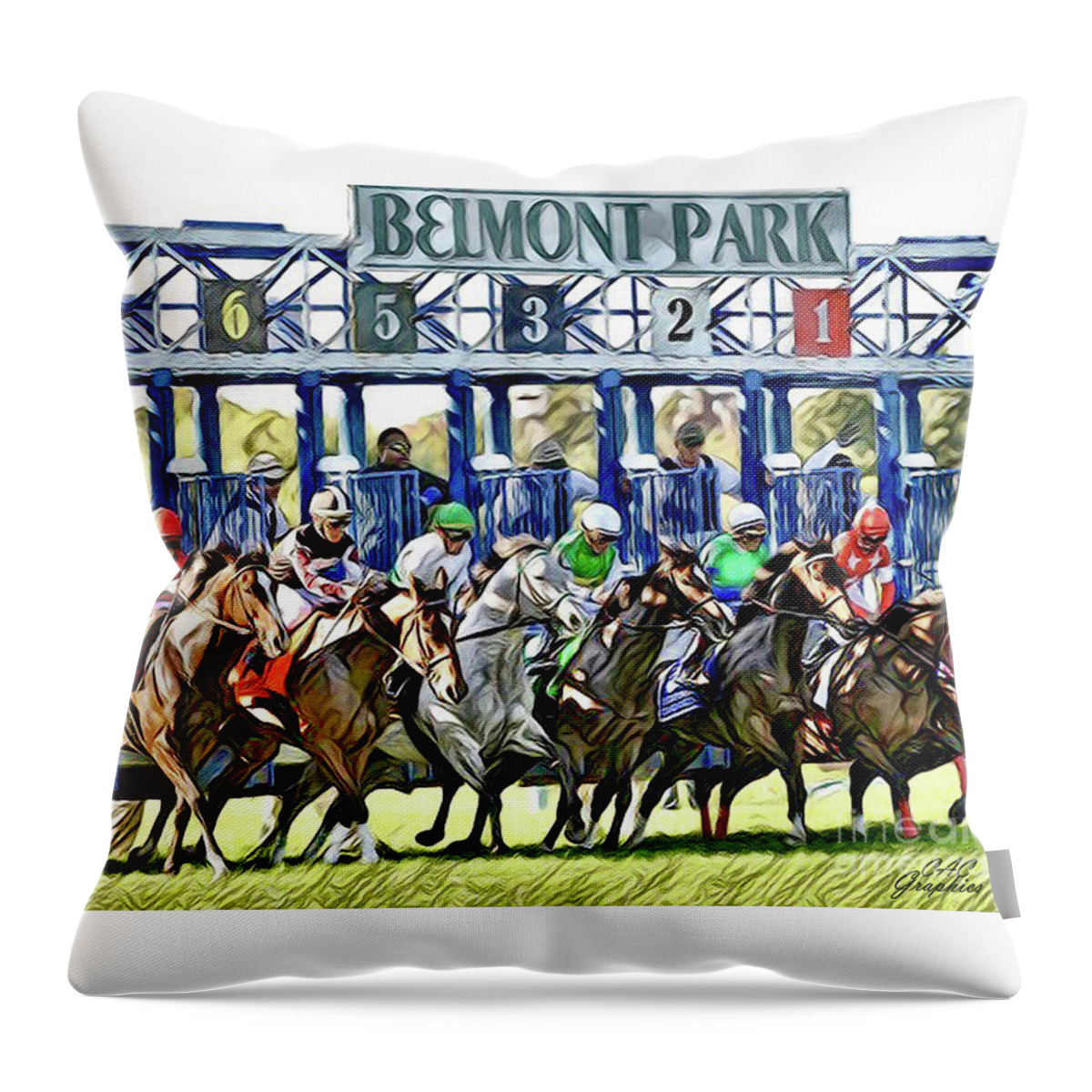 Belmont Park Throw Pillow featuring the digital art Belmont Park Starting Gate 1 by CAC Graphics