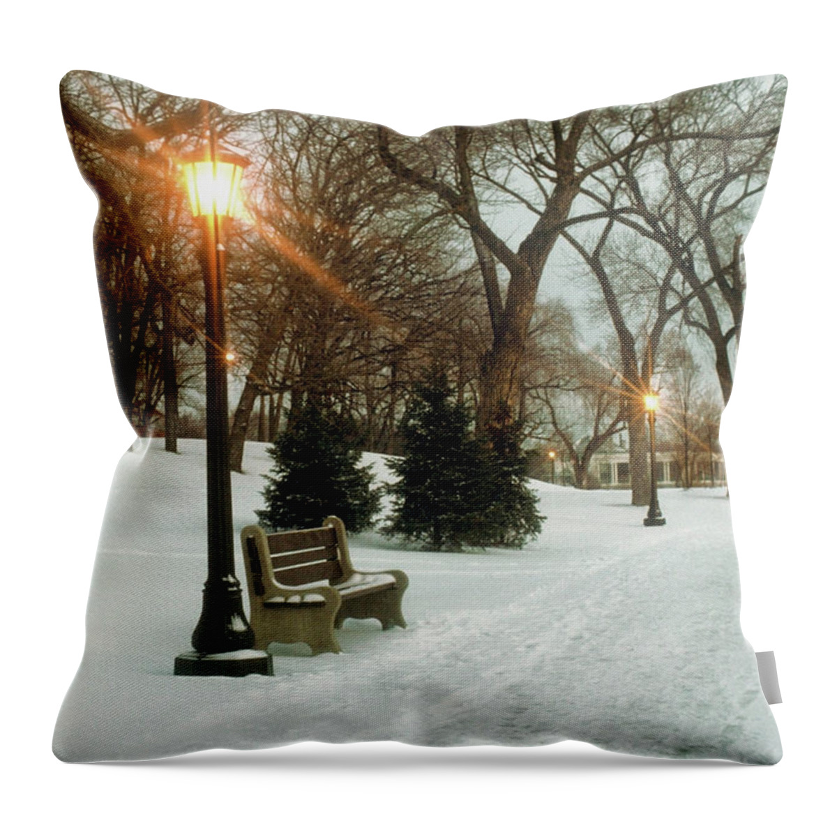 Snow Throw Pillow featuring the photograph Bench With Streetlamp Near Snow-covered by Medioimages/photodisc