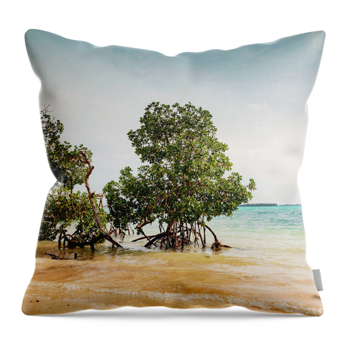 Estock Throw Pillow featuring the digital art Bermuda, Mangroves On Beach At Walsingham Nature Reserve, Blue Hole Park Aka Tom Moore's Jungle by Lumiere