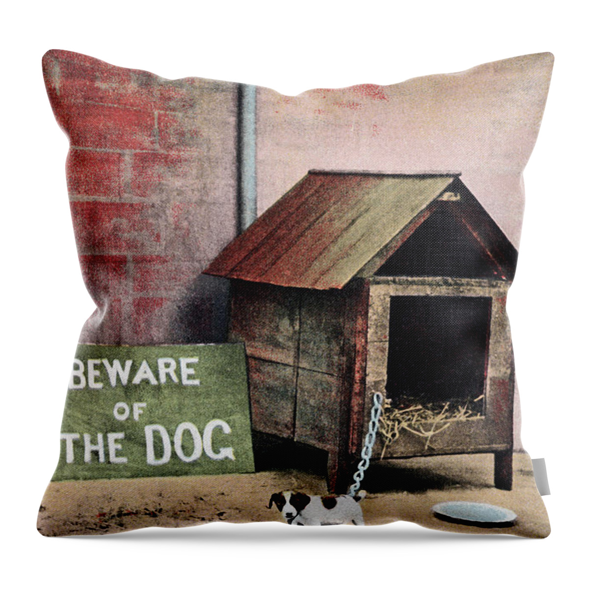 Pets Throw Pillow featuring the photograph Beware Of Dog Sign With Small Dog by Brand X Pictures