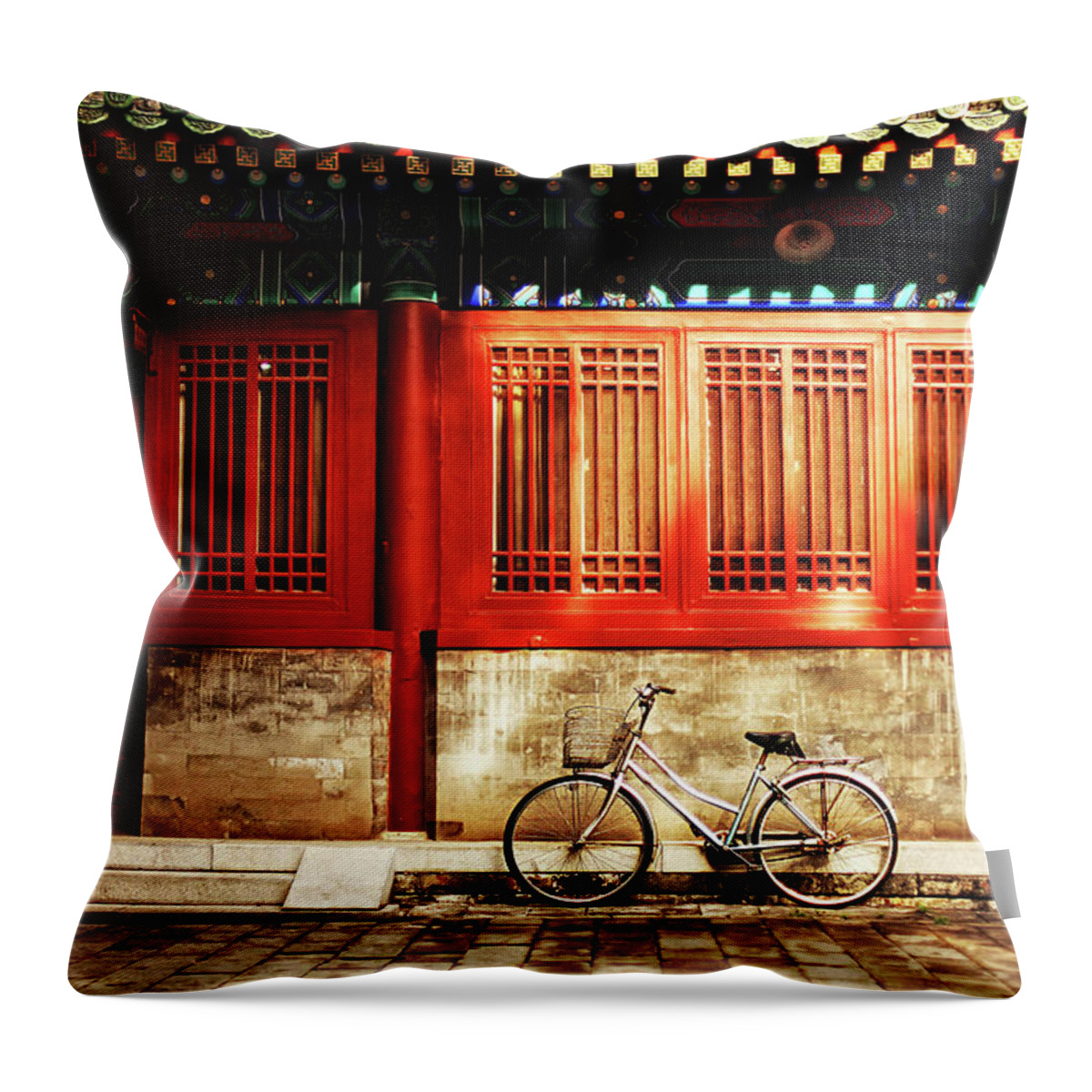 Tranquility Throw Pillow featuring the photograph Bicycle In Sunlight At Confucius Temple by Nicole Kucera