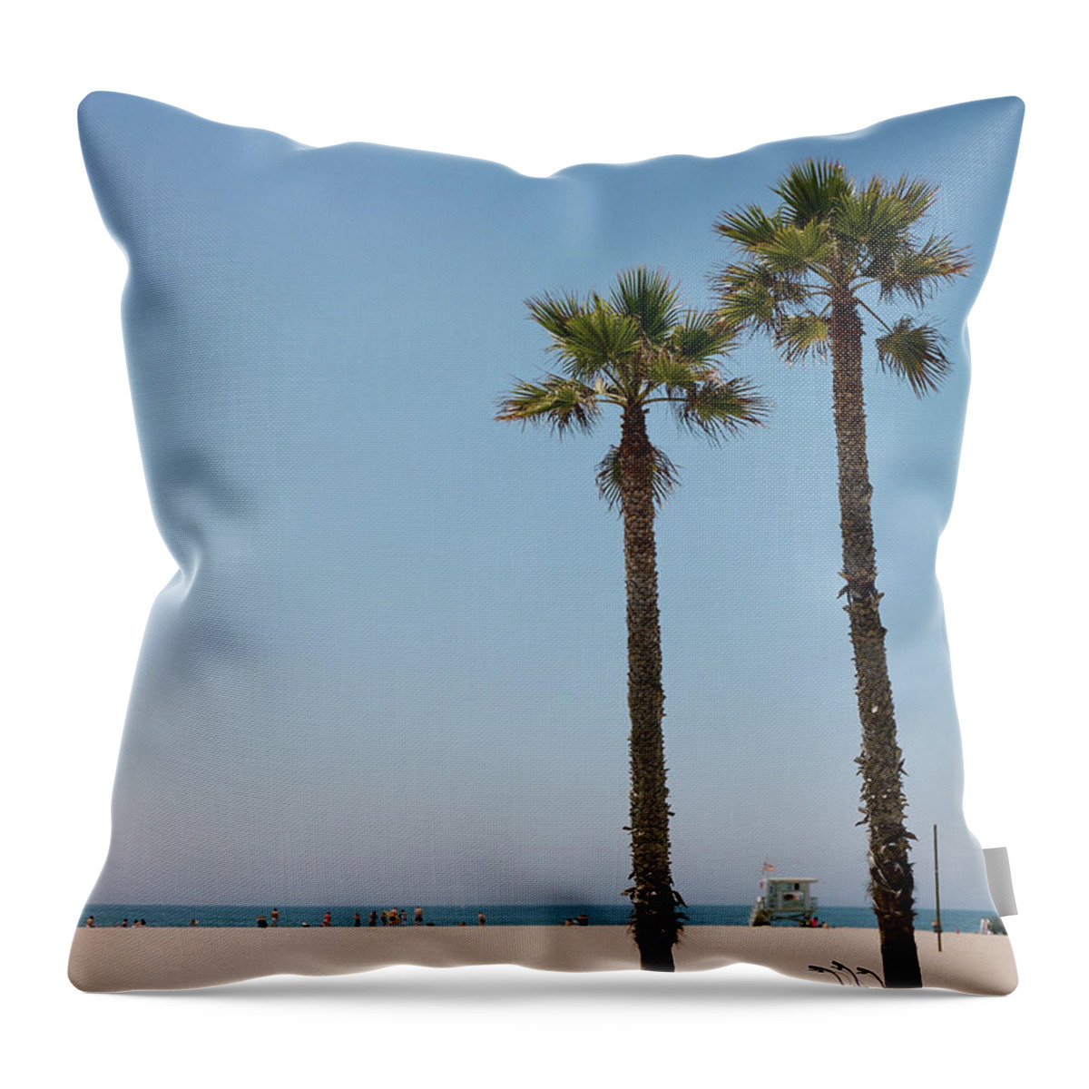 Tranquility Throw Pillow featuring the photograph Bicycle Leaning On Palm Tree At Beach by Jörgen Persson - Www.rebusfilm.se