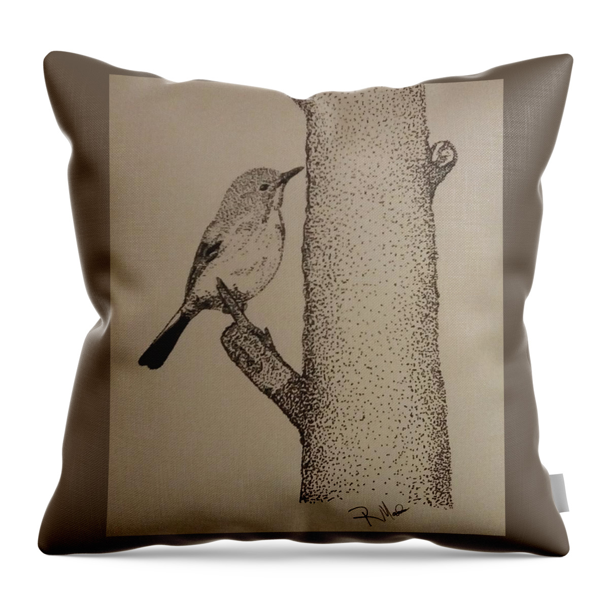 Birds Throw Pillow featuring the drawing Big bark little bite by Randy Maske