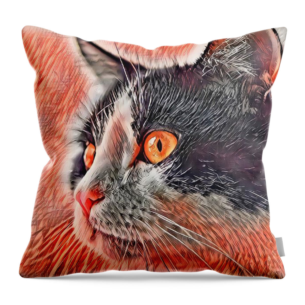 Tuxedo Cat Throw Pillow featuring the digital art Big Head Tuxedo Cat Orange Eyes by Don Northup